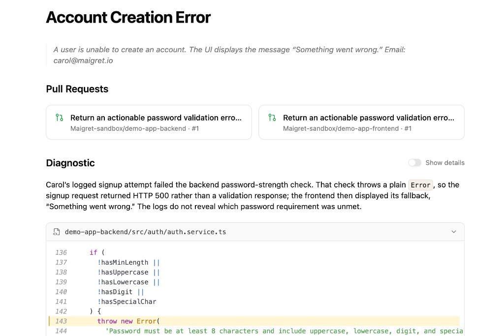 A Maigret diagnostic for an account creation error. The signup failed a password-strength check that threw a plain Error, so the request returned HTTP 500. The failing lines are highlighted in auth.service.ts.